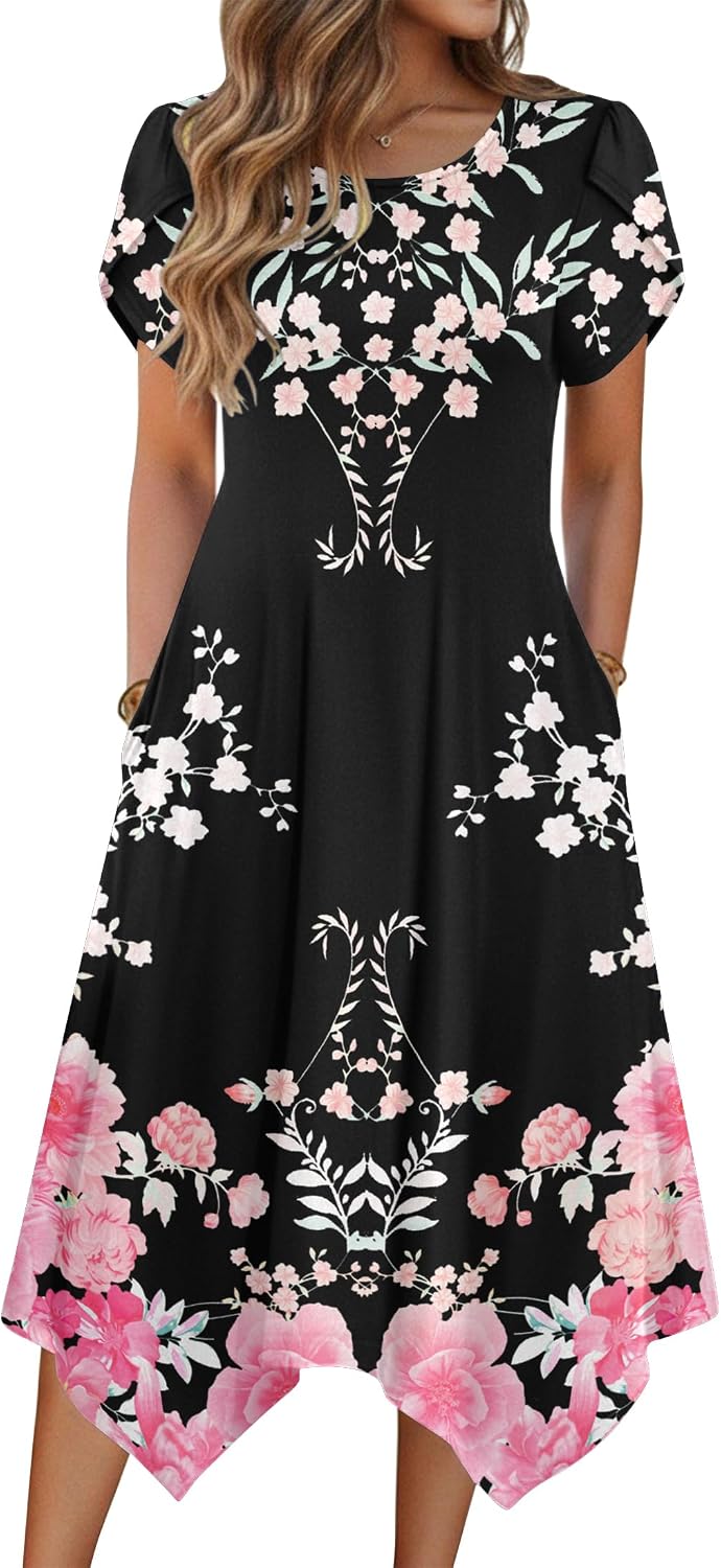 Zeagoo Womens Casual Dress for Summer Loose Hankerchief Flare Midi Sundress | Floral Print, Boho Style, Fall Wedding Guest Dress, A Line,Crew Neck, Side Pockets, Asymmetrical Hem, for Beach, Casual,Daily