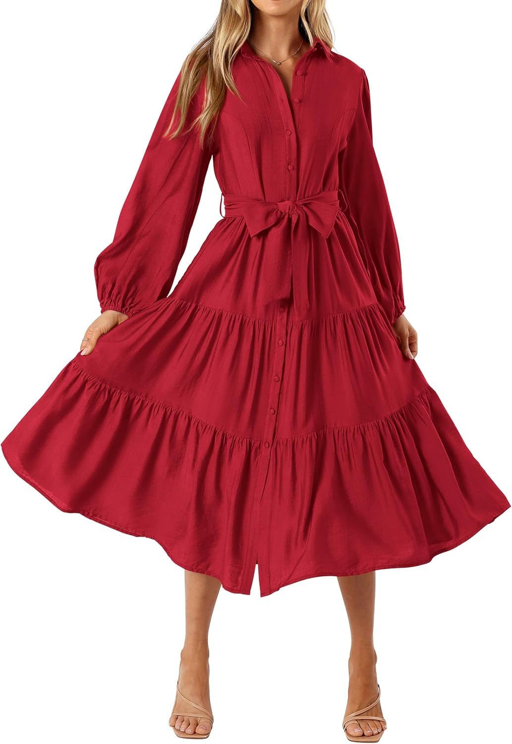 MASCOMODA Womens Dresses Fall Button Long Sleeve Midi Dress | Tie Waist Shirt Dress with Pockets, Button Down Collar V Neck, Flowy A Line, Tiered, Elastic Cuffs, Boho Casual Long Dresses