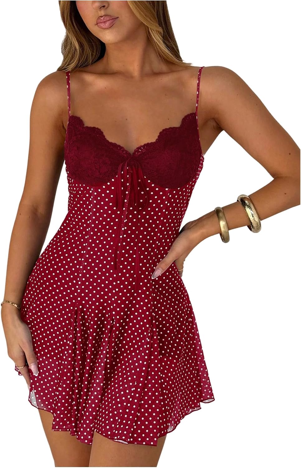 GORGLITTER Women's Polka Dots Mini Dress Cute Y2k Mesh Lace A Line Dresses | V Neck, Lace, Spaghetti Strap, Going Out Country Concert Outfits, Cocktail Dress, Coquette Clothes