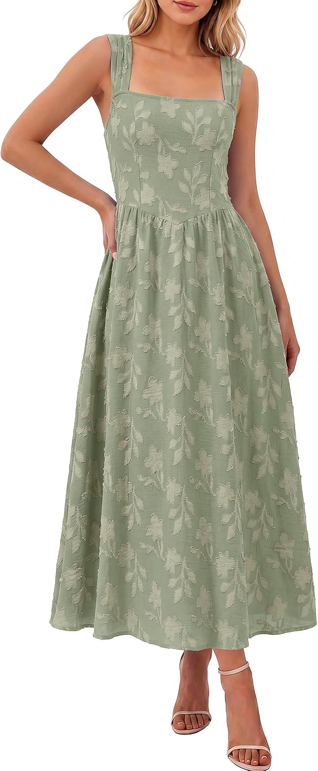 BerryGo Womens Fall Flowy Formal Wedding Guest Maxi Dresses | Sleeveless Square Neck, Jacquard Floral, Summer Boho Beach, Elegant Holiday Party Vacation Maxi Sundress