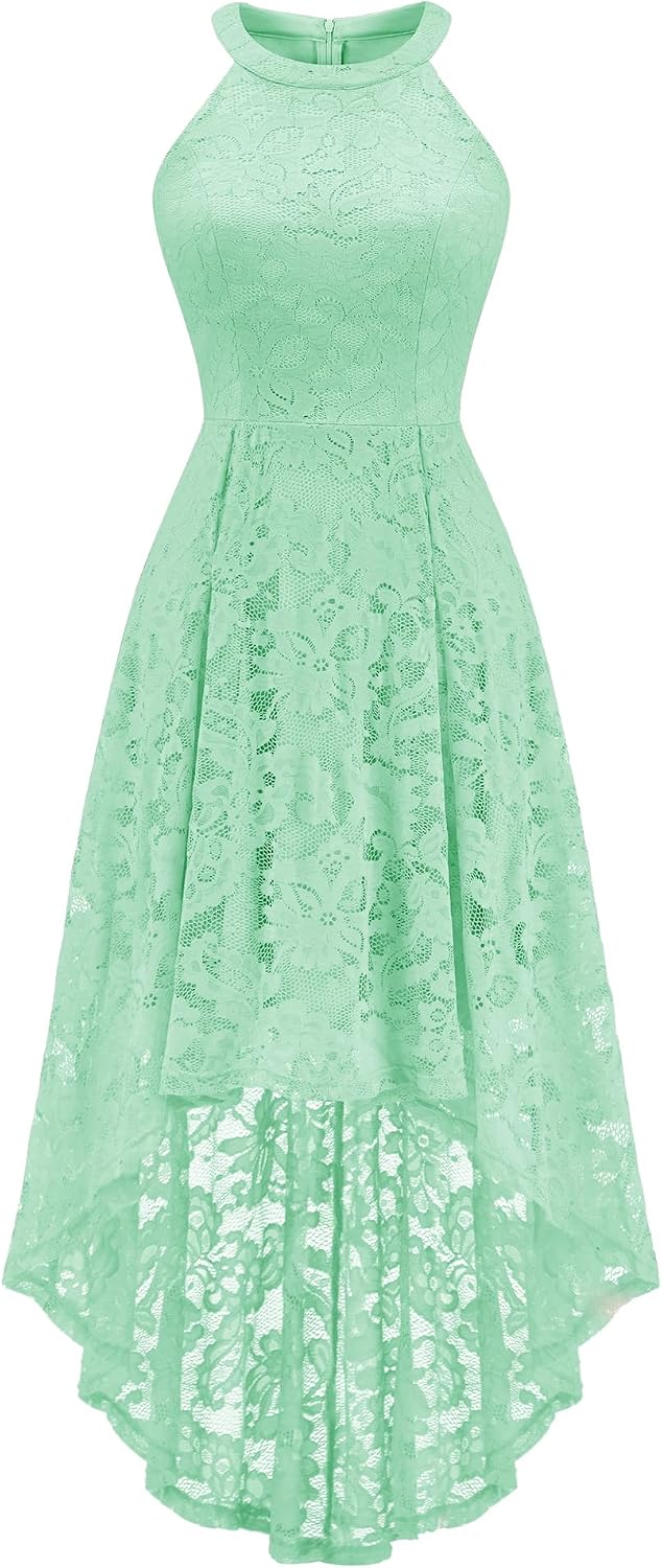 Dressystar Women Halter Lace Hi Lo Wedding Guest Cocktail Formal Dress | Bridesmaid Wedding Dresses,Sleeveless,Halter Top Neckline,High Low Hem,Elegant A line Design,Soft floral Lace Party Dress