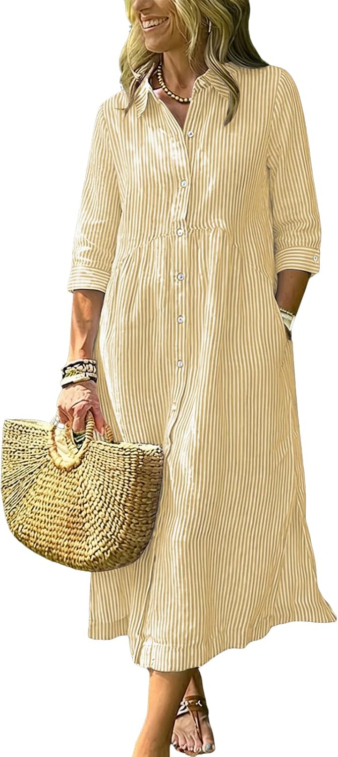 Women's Boho Striped Dress High-Low Waistline Button Down Midi Shirt Dress | Fashion Lapel, 3\/4 Sleeve, Flowy A Line, Side Slit, Slant Pocket, Casual Loose Mid Long Cotton Dress for Party Beach Vacation