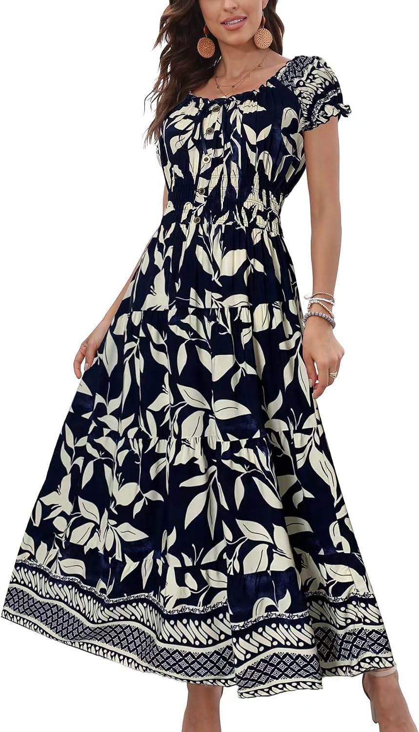 OSTOO Women's 2026 Maxi Dress Short Sleeves Boho Floral Print Tiered Casual Flowy Summer Long Dress
