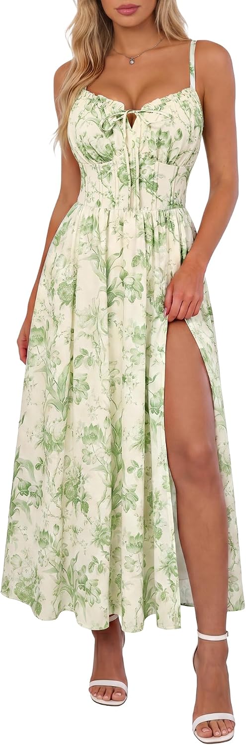Scarlet Darkness Wedding Guest Dresses for Women Floral Corset Sundress | V Neck, Slit, with Pockets, for Summer, Tea Party, Graduation, Casual