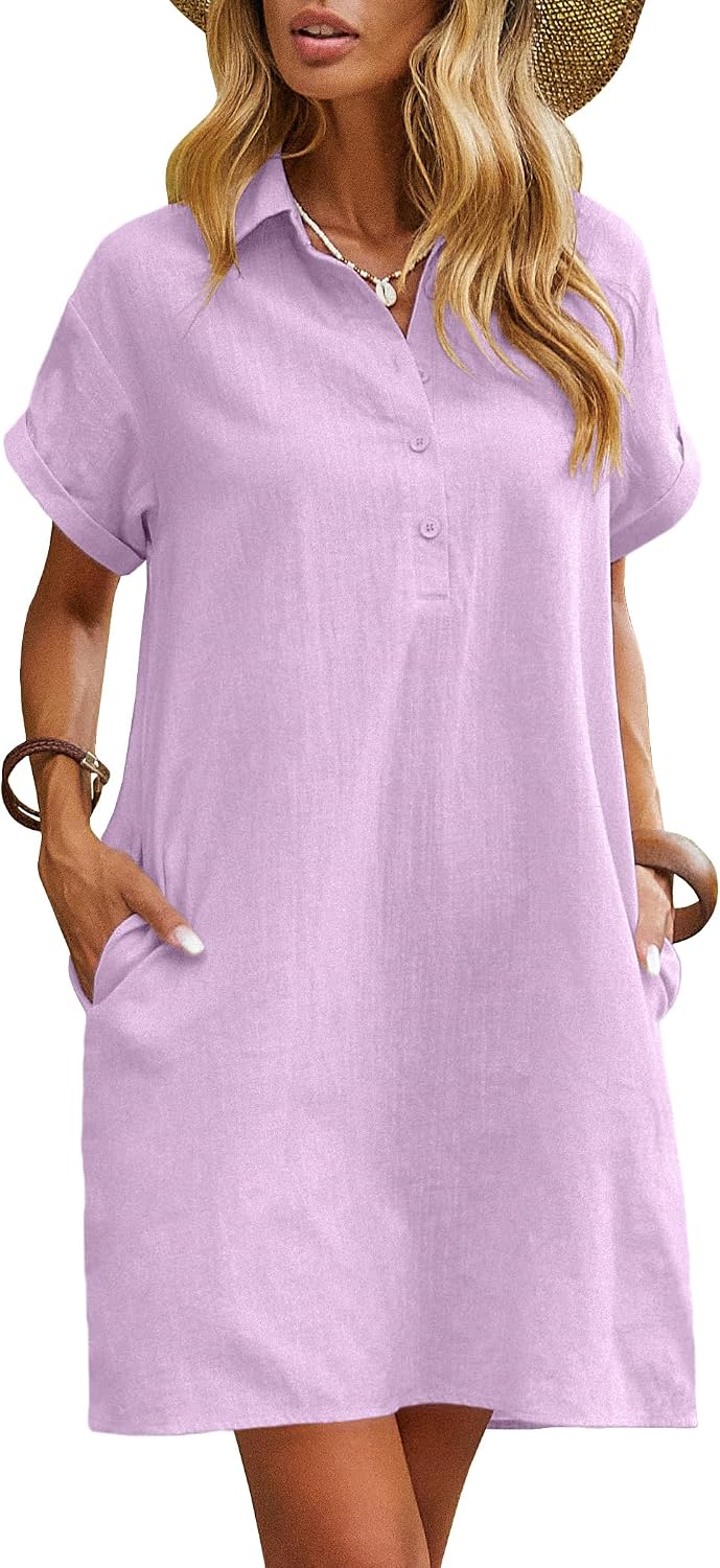 Zeagoo Womens Cotton Shirt Dress Summer Casual Short Sleeve Button Down Beach Cover Up Shirts with Pockets