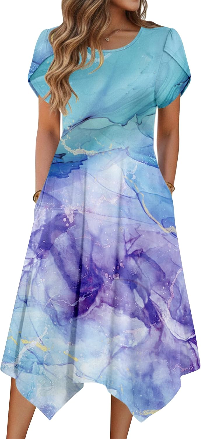 Zeagoo Womens Casual Dress for Summer Loose Hankerchief Flare Midi Sundress | Floral Print, Boho Style, Fall Wedding Guest Dress, A Line,Crew Neck, Side Pockets, Asymmetrical Hem, for Beach, Casual,Daily
