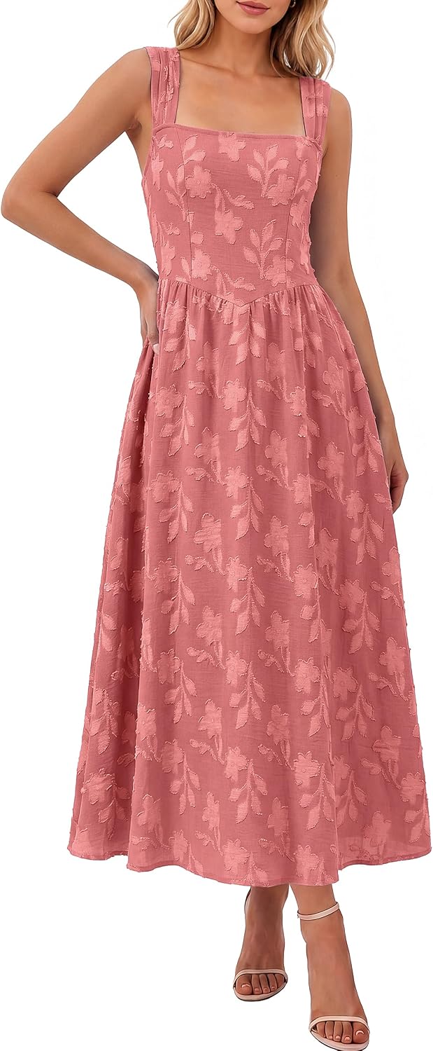 BerryGo Womens Fall Flowy Formal Wedding Guest Maxi Dresses | Sleeveless Square Neck, Jacquard Floral, Summer Boho Beach, Elegant Holiday Party Vacation Maxi Sundress