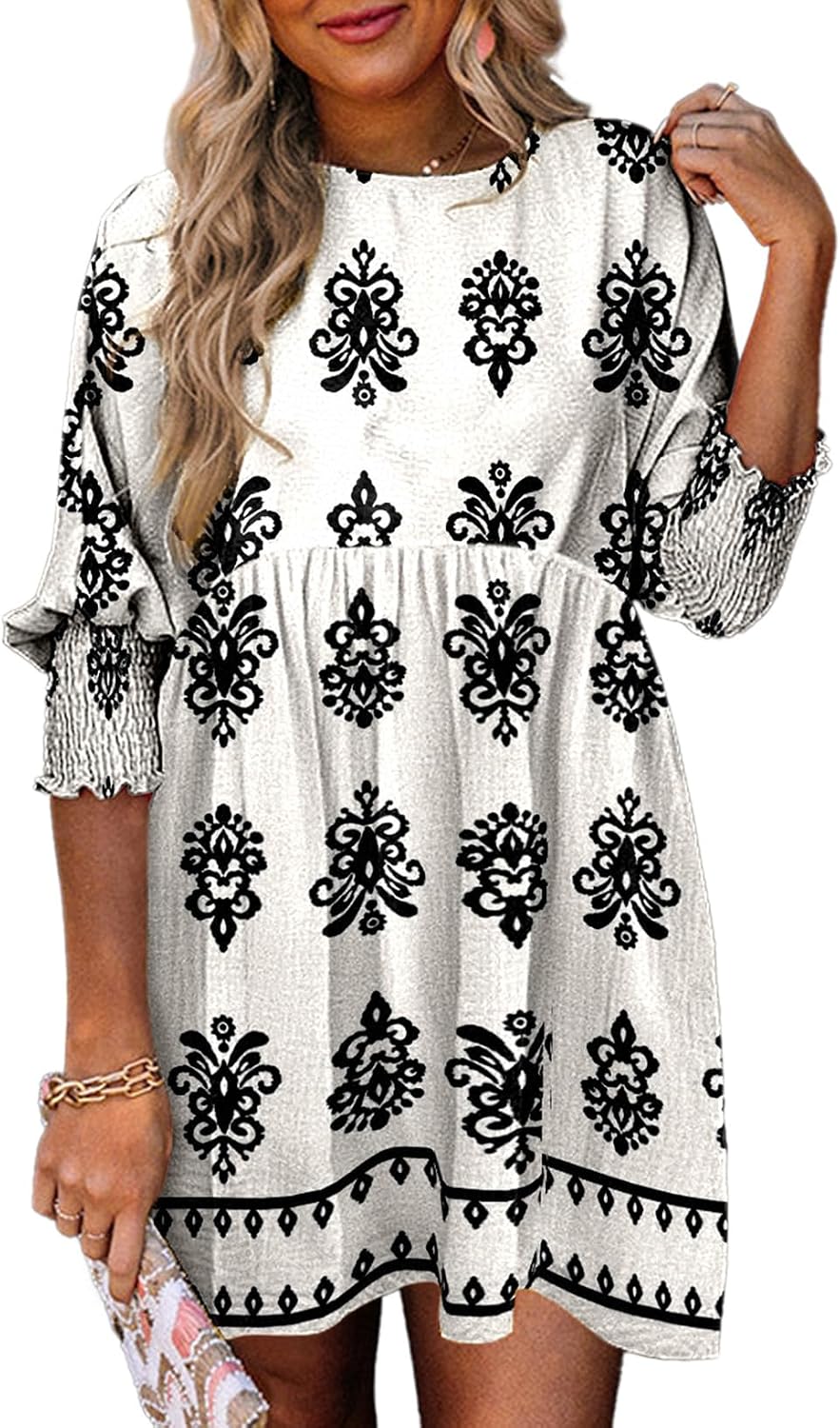 Dokotoo Womens Empire Waist 3\/4 Sleeve Casual Babydoll Mini Dress | Knee Length, Country Western Short Dresses for Fall, Party Church Baby Shower Wedding Guest Office Work Teacher Outfits