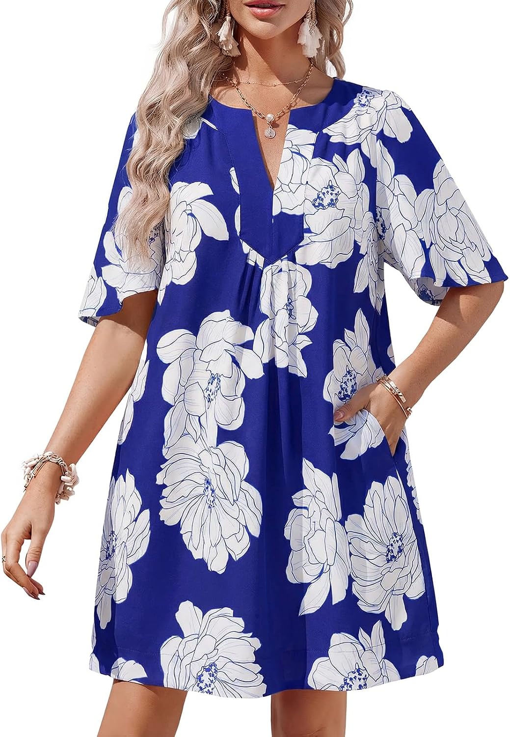 Wenrine Womens Shift Mini Dress Casual Short Sleeve Summer Dresses | Flutter Sleeve, V Neck, Loose Fit, Flowy, Short Beach dresses, Vacation