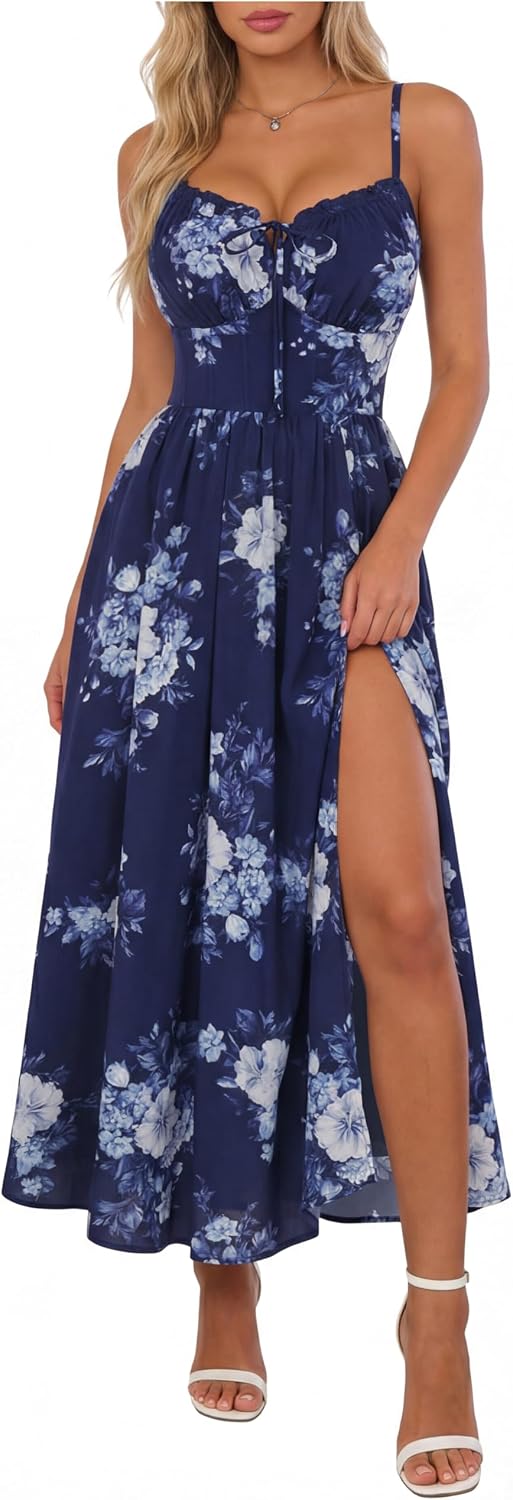 Scarlet Darkness Wedding Guest Dresses for Women Floral Corset Sundress | V Neck, Slit, with Pockets, for Summer, Tea Party, Graduation, Casual