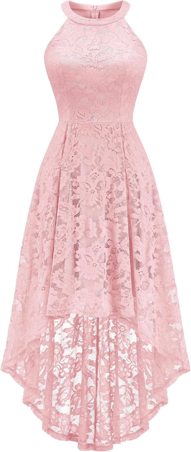 Dressystar Women Halter Lace Hi Lo Wedding Guest Cocktail Formal Dress | Bridesmaid Wedding Dresses,Sleeveless,Halter Top Neckline,High Low Hem,Elegant A line Design,Soft floral Lace Party Dress
