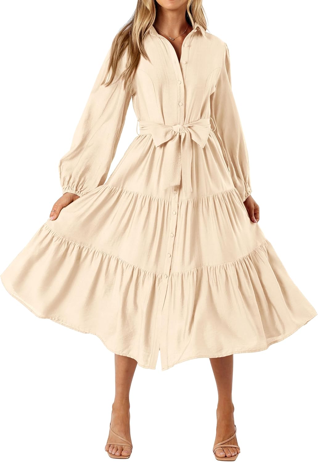 MASCOMODA Womens Dresses Fall Button Long Sleeve Midi Dress | Tie Waist Shirt Dress with Pockets, Button Down Collar V Neck, Flowy A Line, Tiered, Elastic Cuffs, Boho Casual Long Dresses