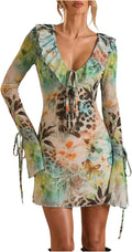 SweatyRocks Women's Zebra Print Sheer Long Sleeve Mini Dress Rave Outfit | Beach Cover Up, Animal Print Dress, Sheer Mesh Dress, Y2k Dress, Going Out Dress