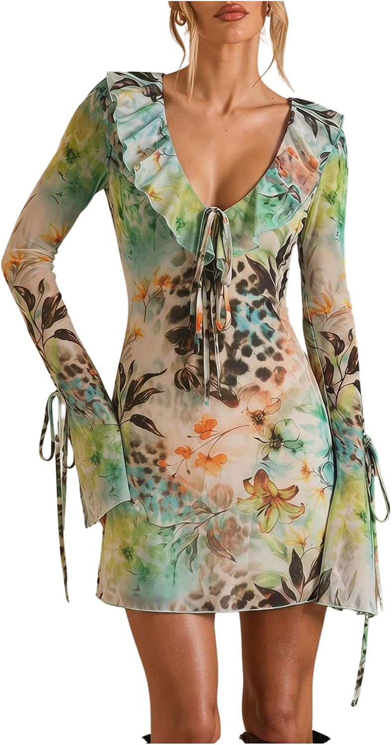 SweatyRocks Women's Zebra Print Sheer Long Sleeve Mini Dress Rave Outfit | Beach Cover Up, Animal Print Dress, Sheer Mesh Dress, Y2k Dress, Going Out Dress