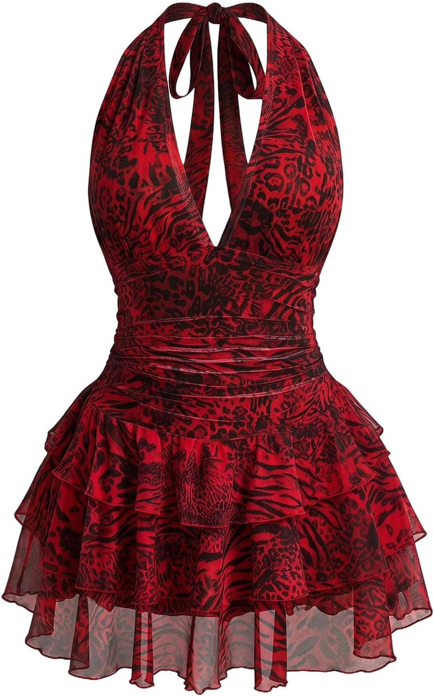 SHENHE Women's Plus Size Halter Mesh Dress Y2K Animal Print Club Mini Dress | Zebra, Floral, Party Romper Dresses, Layered Ruffle, Concert Dress with Built in Shorts