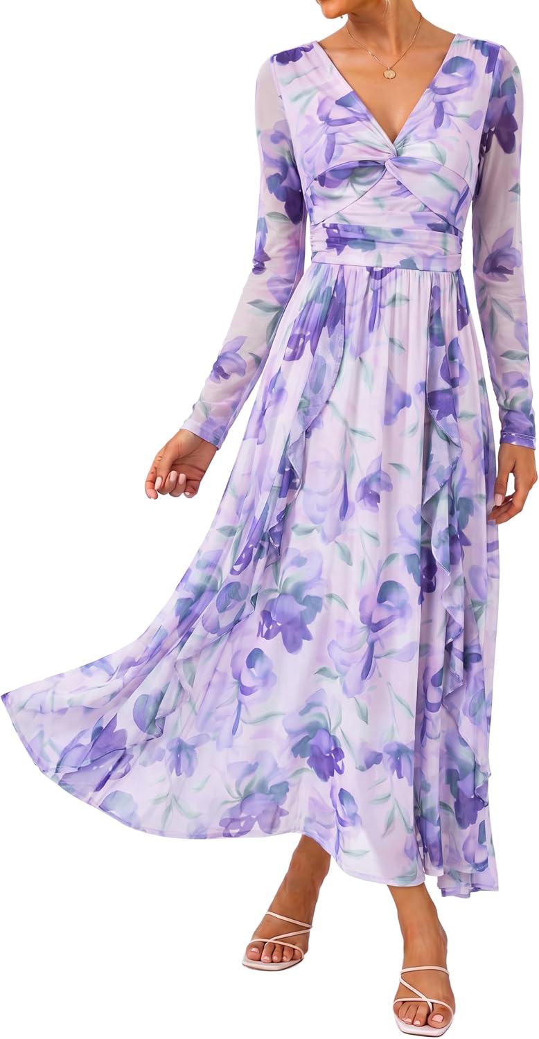 GRACE KARIN Women Fall Wedding Guest Long Sleeve Formal Floral Maxi Dress | Flowy A Line Mesh Dress,V Neck Twist Front,Ruffle,Evening Gowns,Bridal Shower,Garden Party,Cocktail,Vacation Clothes