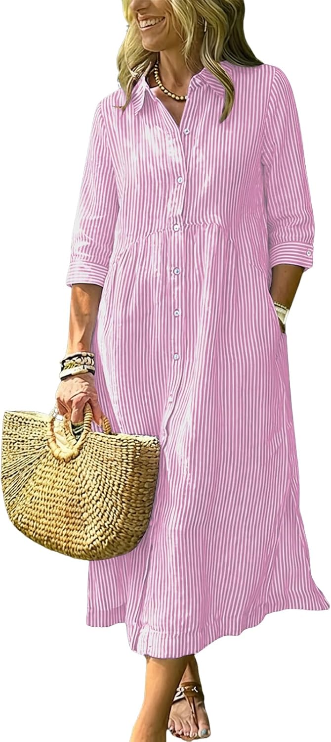 Women's Boho Striped Dress High-Low Waistline Button Down Midi Shirt Dress | Fashion Lapel, 3\/4 Sleeve, Flowy A Line, Side Slit, Slant Pocket, Casual Loose Mid Long Cotton Dress for Party Beach Vacation