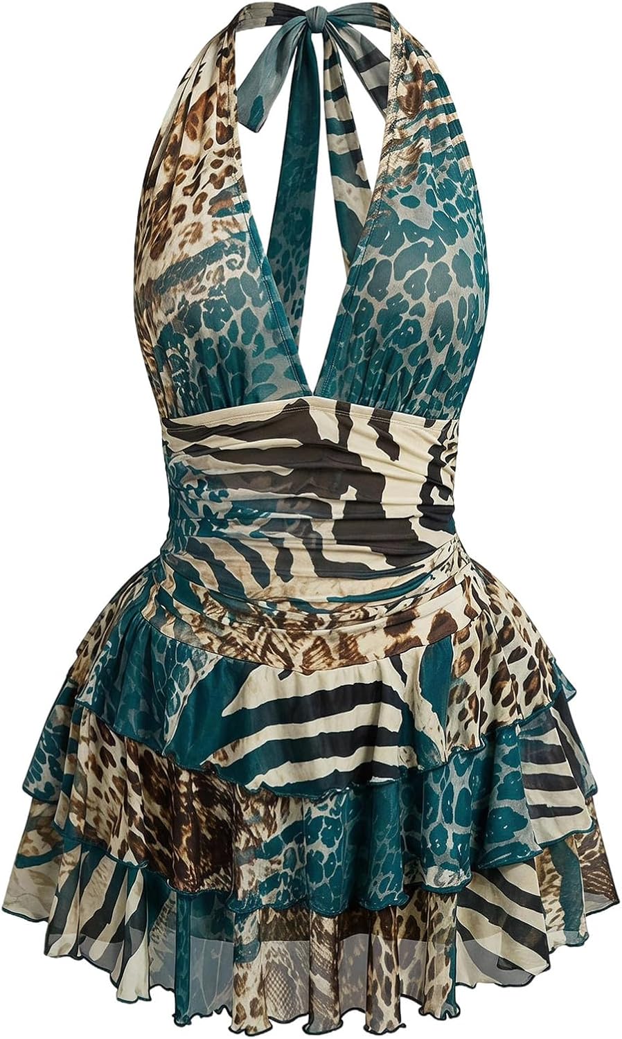 SHENHE Women's Plus Size Halter Mesh Dress Y2K Animal Print Club Mini Dress | Zebra, Floral, Party Romper Dresses, Layered Ruffle, Concert Dress with Built in Shorts