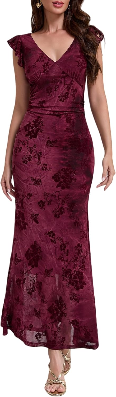 Women's Sleeveless V Neck Wedding Guest Dress Bodycon Floral Mesh Ruched Cocktail Mermaid Maxi Dresses Elegant Party Petite