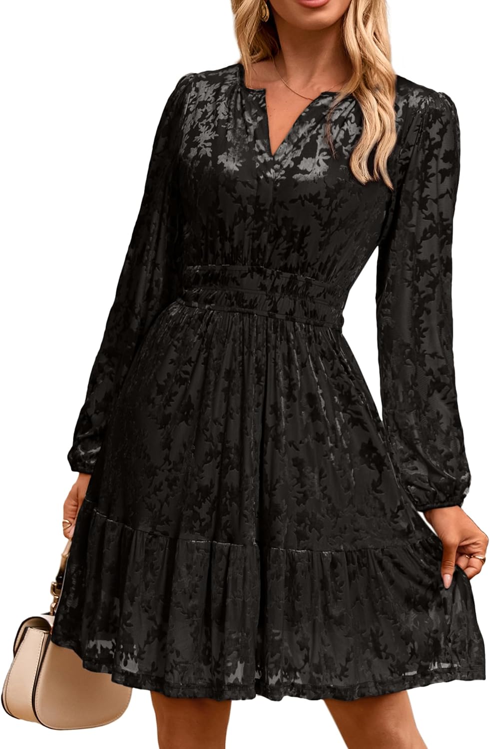 Simplee Womens Velvet Dress 2026 Fall Cocktail Long Sleeve Empire V Neck Wedding Guest Holiday Mini Dresses with Pockets