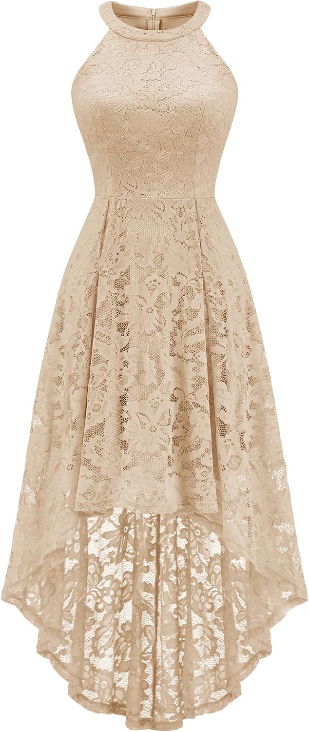 Dressystar Women Halter Lace Hi Lo Wedding Guest Cocktail Formal Dress | Bridesmaid Wedding Dresses,Sleeveless,Halter Top Neckline,High Low Hem,Elegant A line Design,Soft floral Lace Party Dress