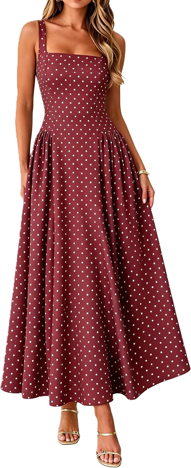 FOMELY Womens Polka Dot Dress Summer Casual Sleeveless Maxi Dress | Side Pockets, Square Neck, Wedding Guest Dress, Cocktail, Tea Party, Boho, Beach, Vacation, Long Dress, Tank, Comfy Fabric