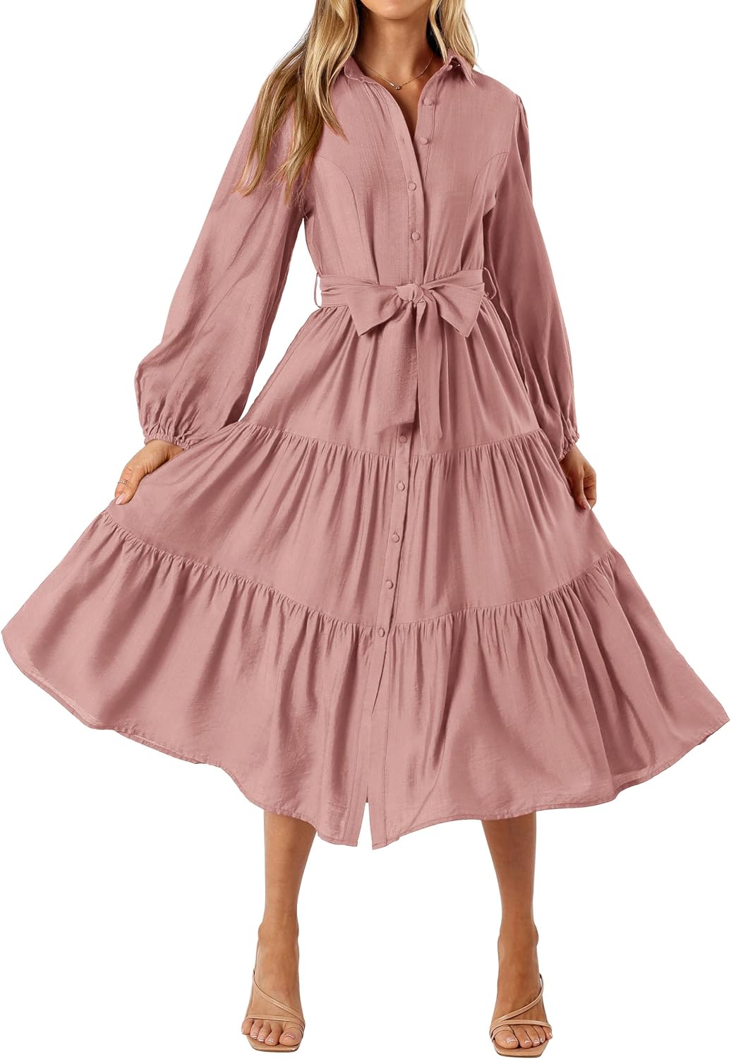 MASCOMODA Womens Dresses Fall Button Long Sleeve Midi Dress | Tie Waist Shirt Dress with Pockets, Button Down Collar V Neck, Flowy A Line, Tiered, Elastic Cuffs, Boho Casual Long Dresses