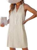 CUPSHE Women's Striped Halter V-Neck Button Up Shift Mini Dress | Sleeveless, Relaxed Fit, Button Down, Flowy Linen Short Coverup Dress, For Summer Beach Vacations, Resort, Casual Daily Wear