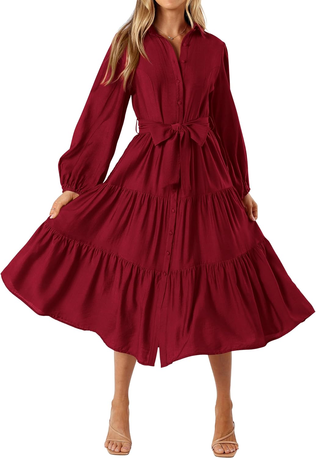 MASCOMODA Womens Dresses Fall Button Long Sleeve Midi Dress | Tie Waist Shirt Dress with Pockets, Button Down Collar V Neck, Flowy A Line, Tiered, Elastic Cuffs, Boho Casual Long Dresses