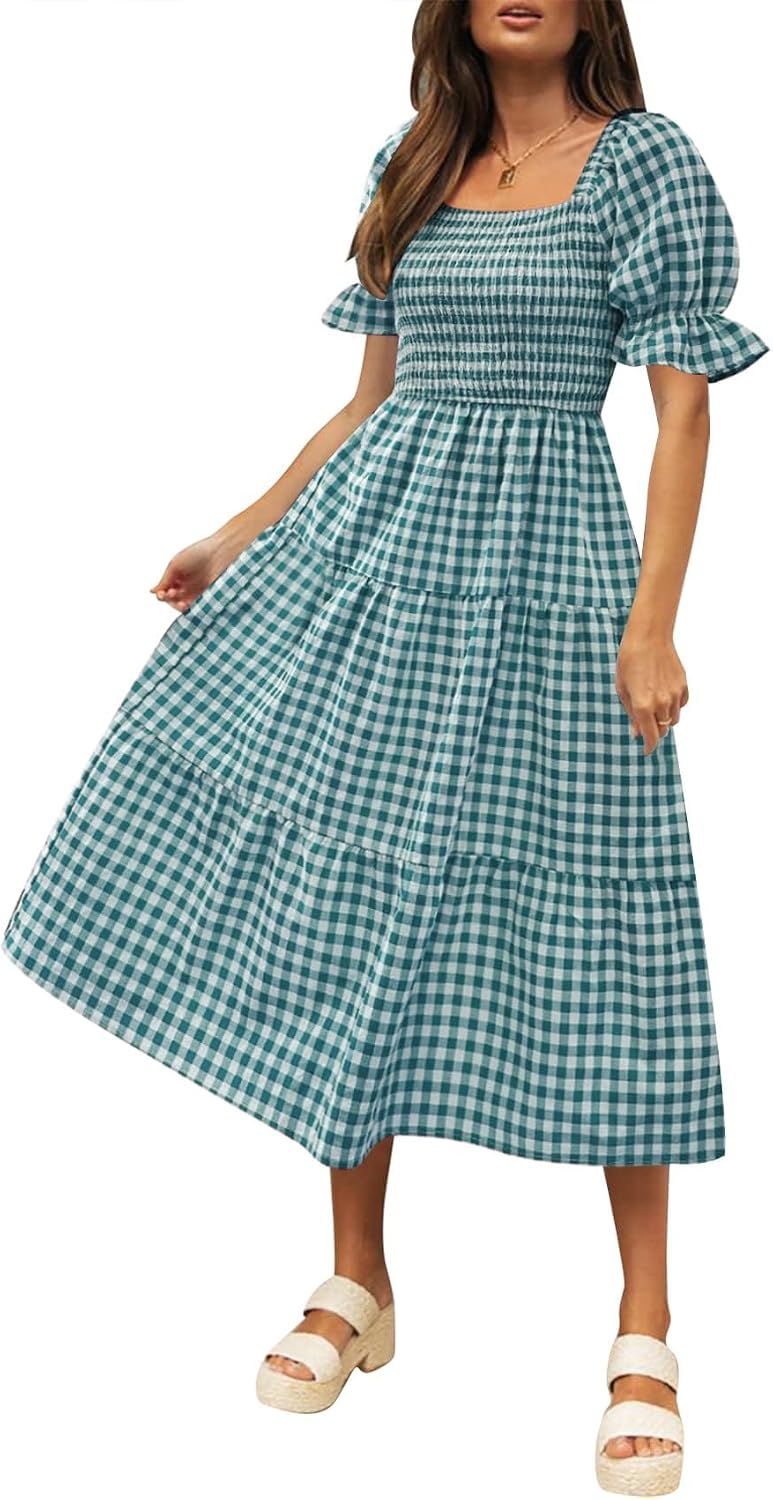 ZESICA Women's Summer Boho Gingham Puff Sleeve Square Neck Beach Midi Dress | 2026 Casual Bohemian Flowy, Swing A Line, Vintage, Baby Shower Cottagecore Maternity Plaid Tea Party Dresses