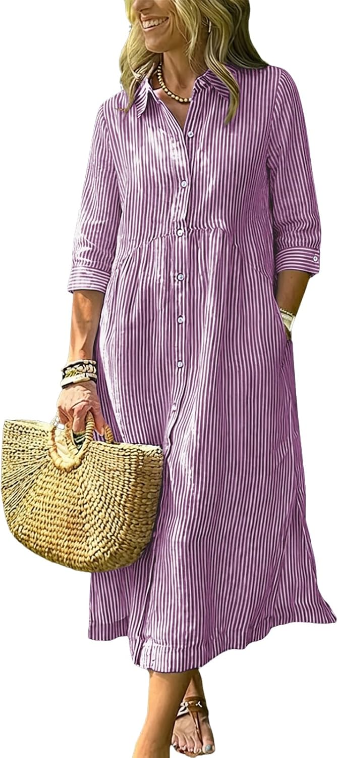 Women's Boho Striped Dress High-Low Waistline Button Down Midi Shirt Dress | Fashion Lapel, 3\/4 Sleeve, Flowy A Line, Side Slit, Slant Pocket, Casual Loose Mid Long Cotton Dress for Party Beach Vacation
