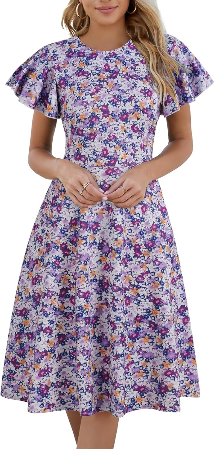 MSLG Women's Fit and Flare Ruffle Short Sleeves Dresses Work V-Back Cocktail Semi Formal A Line Dress with Pockets 842