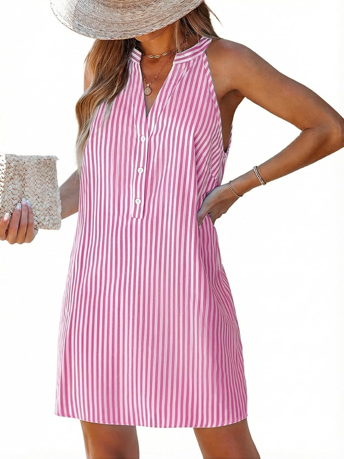 CUPSHE Women's Striped Halter V-Neck Button Up Shift Mini Dress | Sleeveless, Relaxed Fit, Button Down, Flowy Linen Short Coverup Dress, For Summer Beach Vacations, Resort, Casual Daily Wear