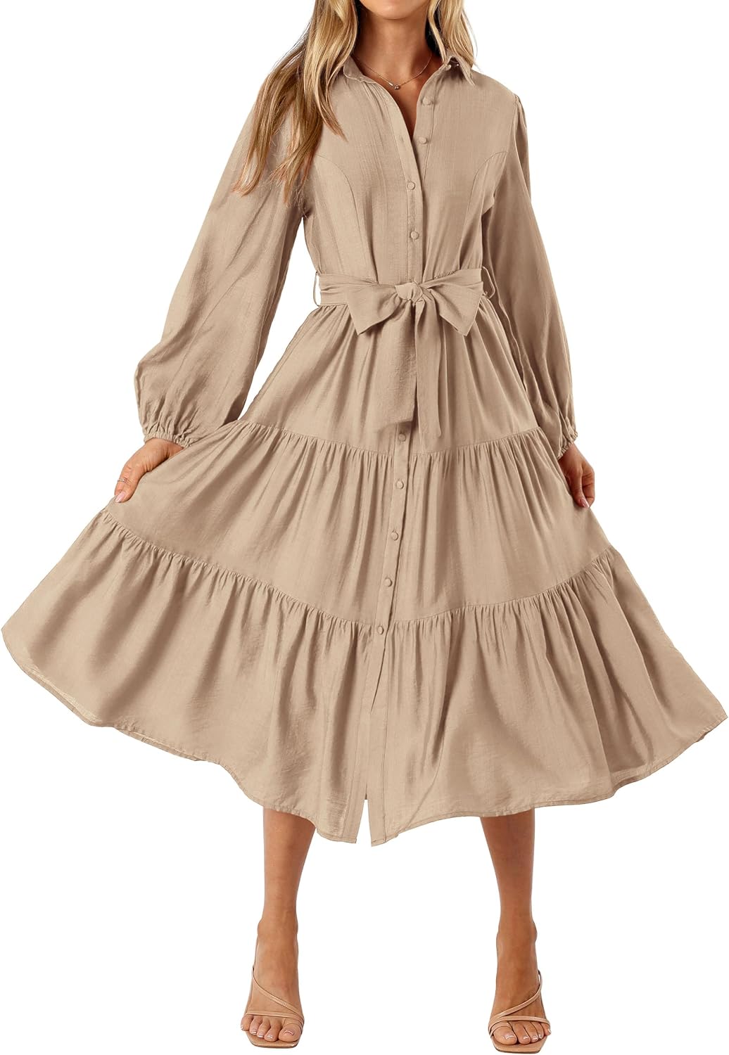 MASCOMODA Womens Dresses Fall Button Long Sleeve Midi Dress | Tie Waist Shirt Dress with Pockets, Button Down Collar V Neck, Flowy A Line, Tiered, Elastic Cuffs, Boho Casual Long Dresses