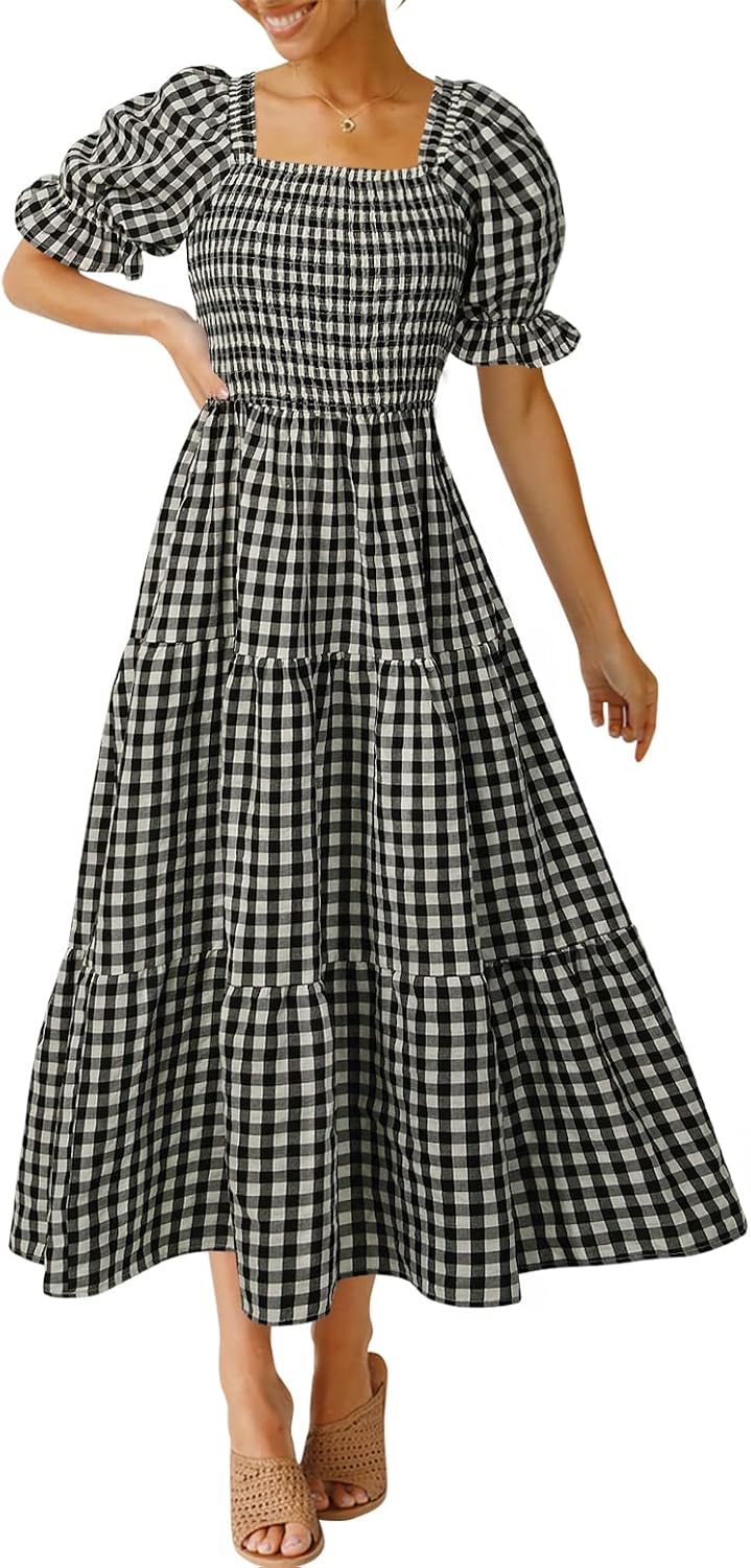 ZESICA Women's Summer Boho Gingham Puff Sleeve Square Neck Beach Midi Dress | 2026 Casual Bohemian Flowy, Swing A Line, Vintage, Baby Shower Cottagecore Maternity Plaid Tea Party Dresses