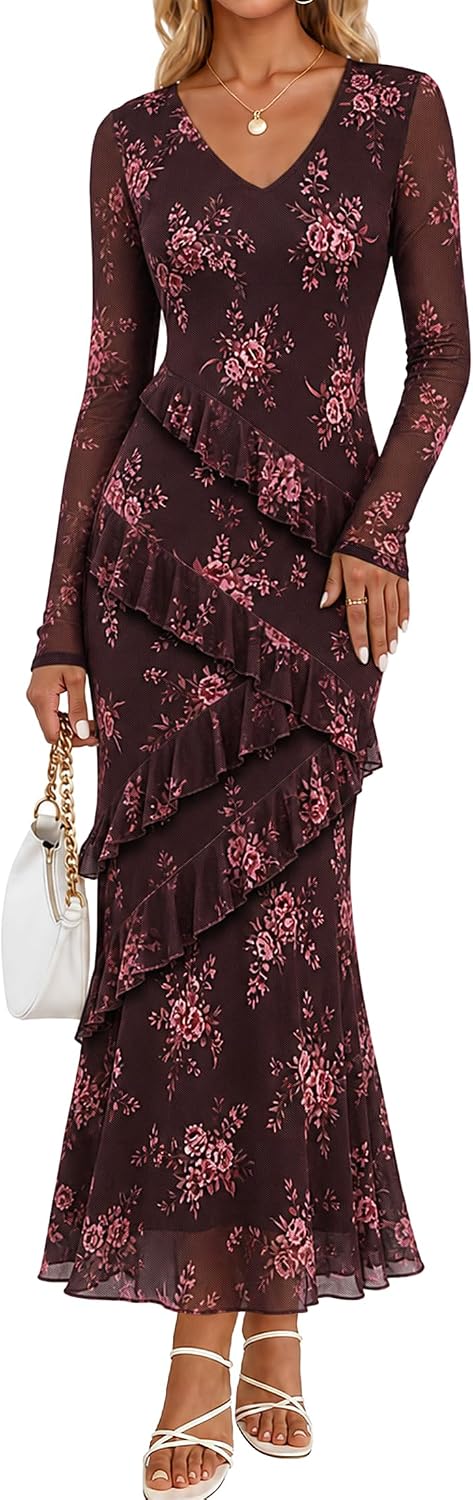 MEROKEETY Womens Fall Wedding Guest Floral Long Sleeve Bodycon Maxi Dress | 2026, Formal, V Neck, Ruffled, Mesh Overlay, Lined, Cocktail Party, Rehearsal Dinner, Bridal, Baby Shower, Date Night Dress