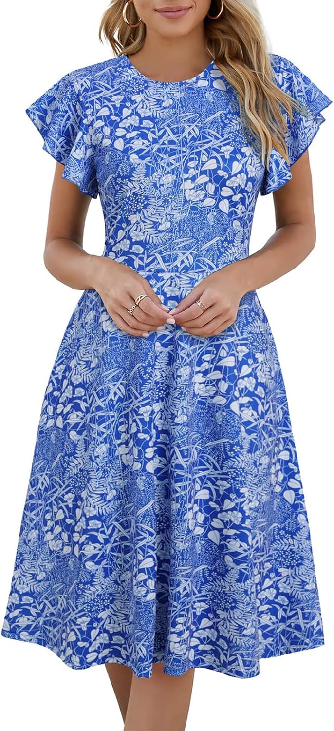 MSLG Women's Fit and Flare Ruffle Short Sleeves Dresses Work V-Back Cocktail Semi Formal A Line Dress with Pockets 842