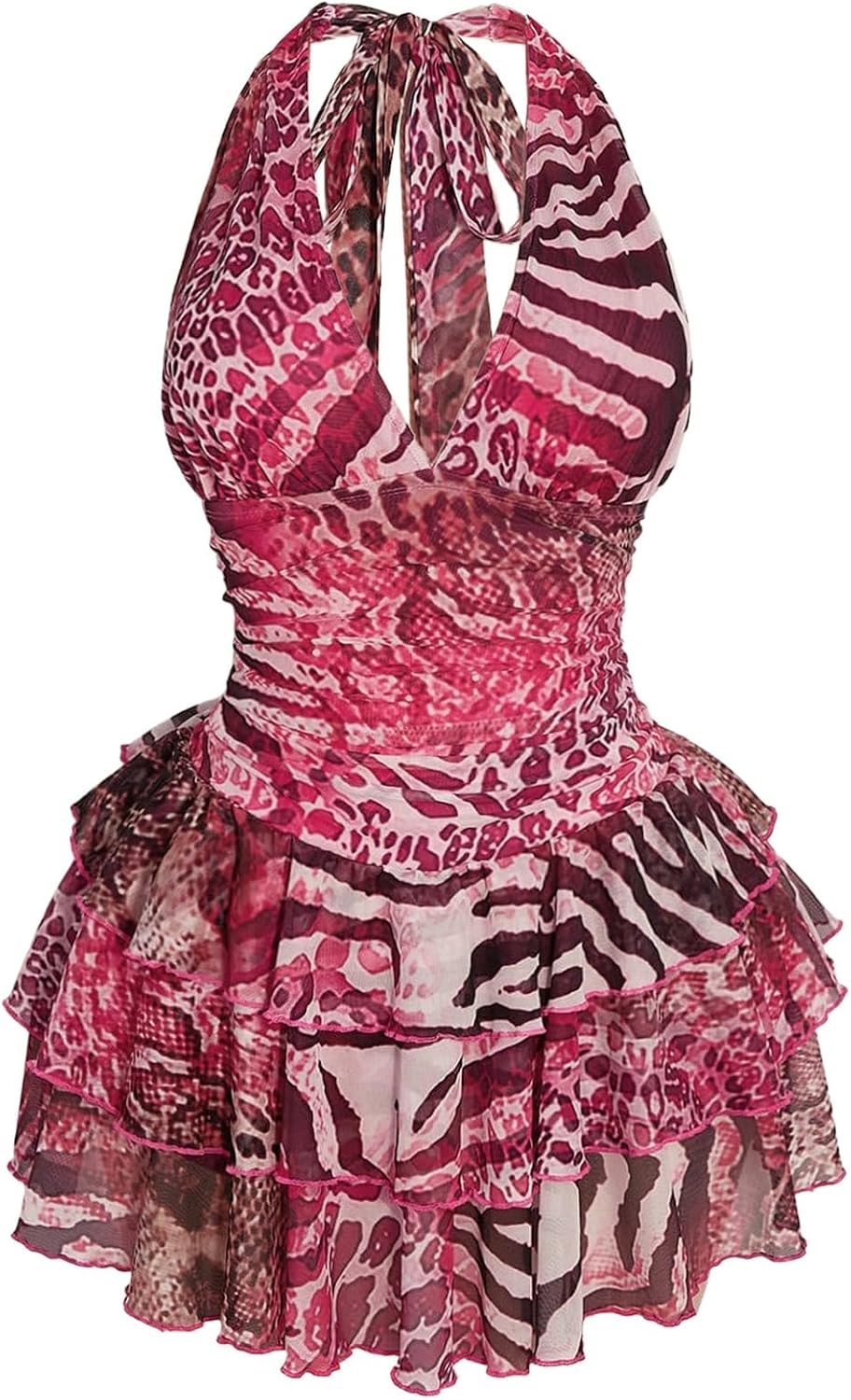 SHENHE Women's Plus Size Halter Mesh Dress Y2K Animal Print Club Mini Dress | Zebra, Floral, Party Romper Dresses, Layered Ruffle, Concert Dress with Built in Shorts