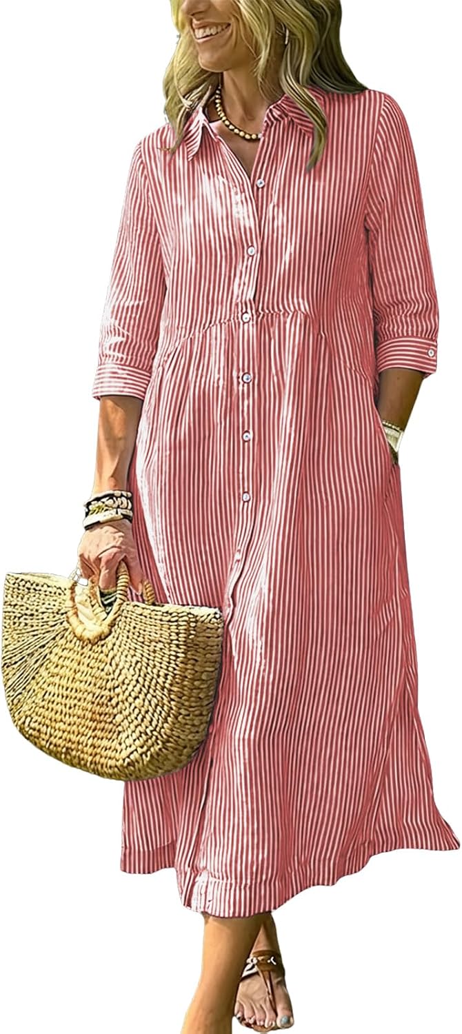 Women's Boho Striped Dress High-Low Waistline Button Down Midi Shirt Dress | Fashion Lapel, 3\/4 Sleeve, Flowy A Line, Side Slit, Slant Pocket, Casual Loose Mid Long Cotton Dress for Party Beach Vacation