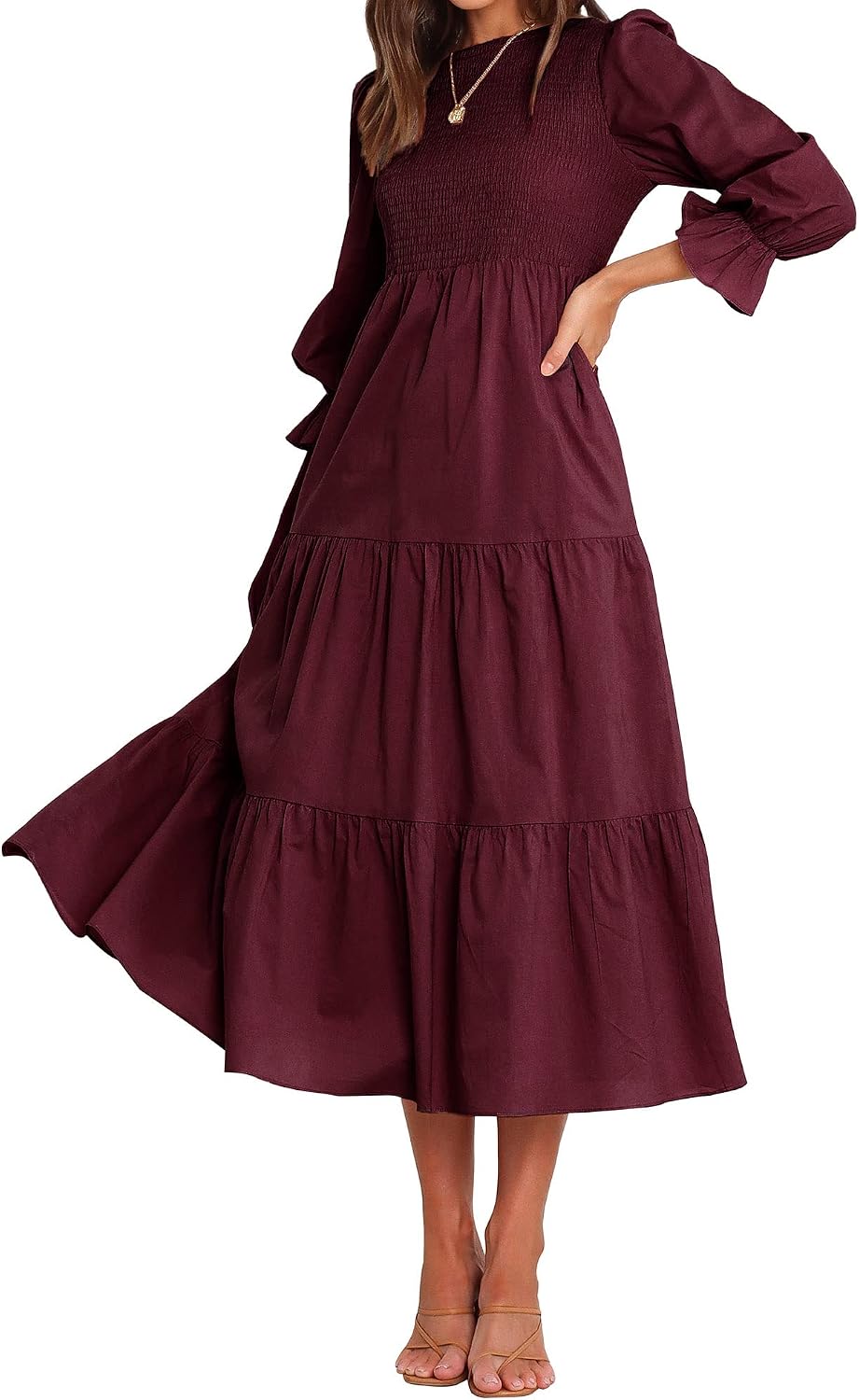 BTFBM Women Casual Long Sleeve Crew Neck Fall Dress Bohemian Relaxed Fit Floral Flowy Maxi Dresses Tiered Cocktail Dress