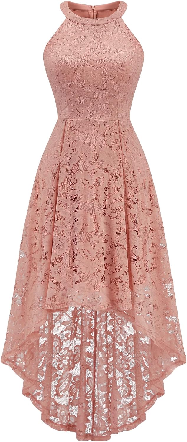 Dressystar Women Halter Lace Hi Lo Wedding Guest Cocktail Formal Dress | Bridesmaid Wedding Dresses,Sleeveless,Halter Top Neckline,High Low Hem,Elegant A line Design,Soft floral Lace Party Dress