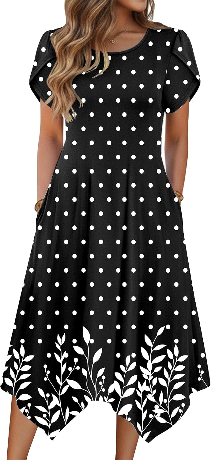 Zeagoo Womens Casual Dress for Summer Loose Hankerchief Flare Midi Sundress | Floral Print, Boho Style, Fall Wedding Guest Dress, A Line,Crew Neck, Side Pockets, Asymmetrical Hem, for Beach, Casual,Daily