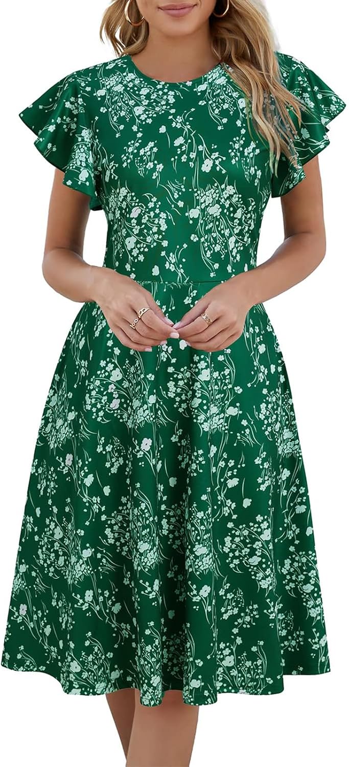 MSLG Women's Fit and Flare Ruffle Short Sleeves Dresses Work V-Back Cocktail Semi Formal A Line Dress with Pockets 842