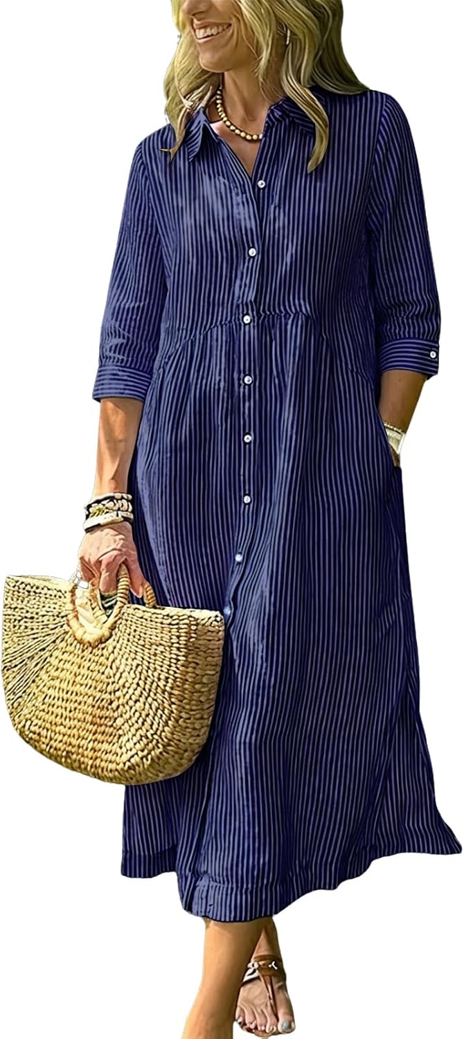 Women's Boho Striped Dress High-Low Waistline Button Down Midi Shirt Dress | Fashion Lapel, 3\/4 Sleeve, Flowy A Line, Side Slit, Slant Pocket, Casual Loose Mid Long Cotton Dress for Party Beach Vacation