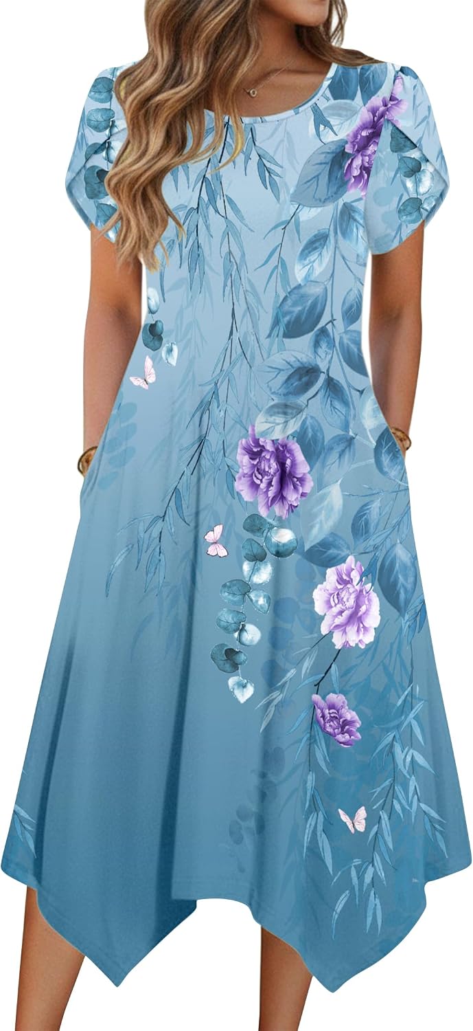 Zeagoo Womens Casual Dress for Summer Loose Hankerchief Flare Midi Sundress | Floral Print, Boho Style, Fall Wedding Guest Dress, A Line,Crew Neck, Side Pockets, Asymmetrical Hem, for Beach, Casual,Daily