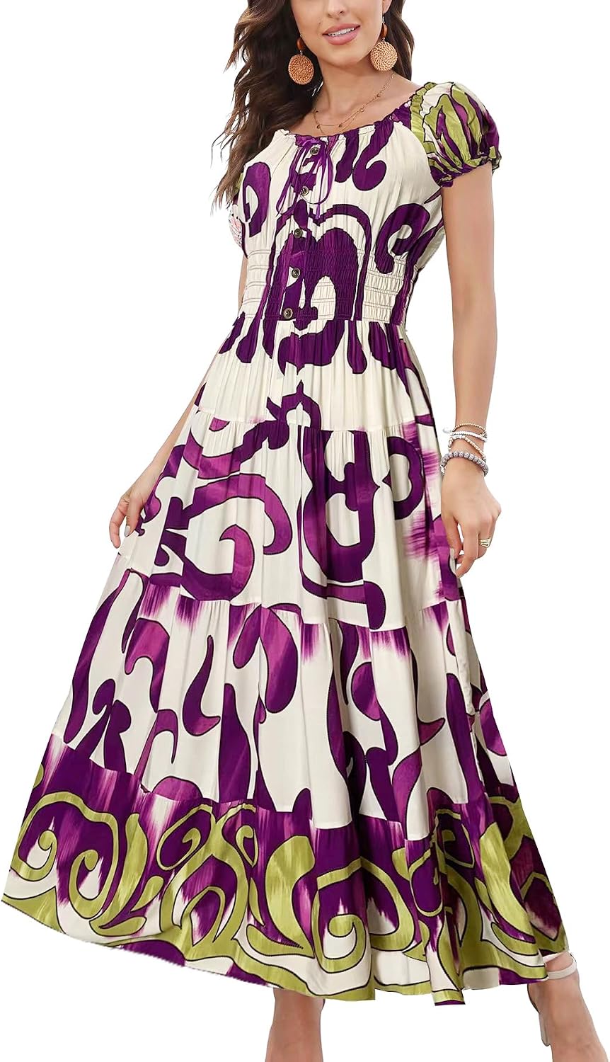 OSTOO Women's 2026 Maxi Dress Short Sleeves Boho Floral Print Tiered Casual Flowy Summer Long Dress