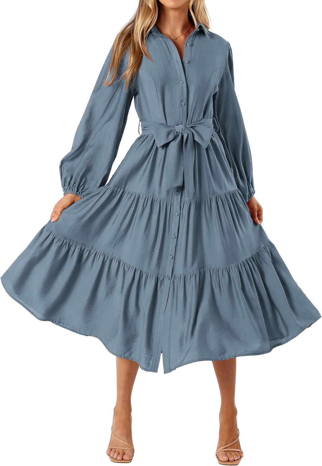 MASCOMODA Womens Dresses Fall Button Long Sleeve Midi Dress | Tie Waist Shirt Dress with Pockets, Button Down Collar V Neck, Flowy A Line, Tiered, Elastic Cuffs, Boho Casual Long Dresses
