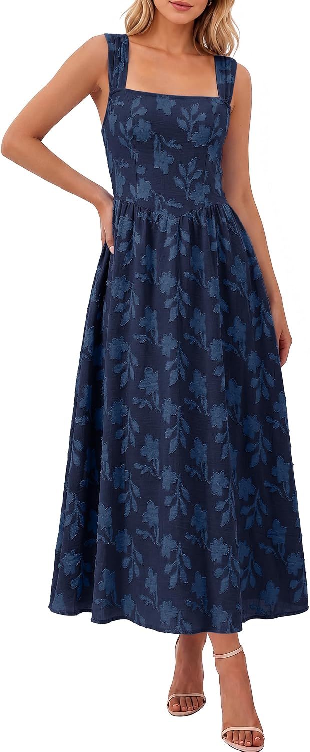 BerryGo Womens Fall Flowy Formal Wedding Guest Maxi Dresses | Sleeveless Square Neck, Jacquard Floral, Summer Boho Beach, Elegant Holiday Party Vacation Maxi Sundress