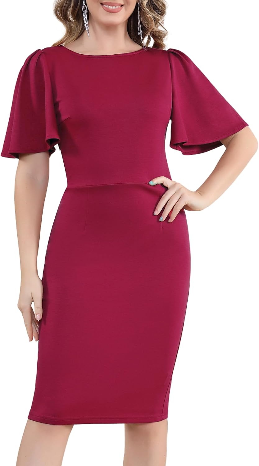 Aphratti Women's Work Sheath Midi Dress Short Sleeve Elegant Classy Modest Cocktail Party Dress