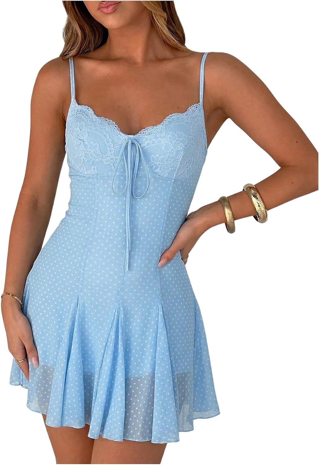 GORGLITTER Women's Polka Dots Mini Dress Cute Y2k Mesh Lace A Line Dresses | V Neck, Lace, Spaghetti Strap, Going Out Country Concert Outfits, Cocktail Dress, Coquette Clothes
